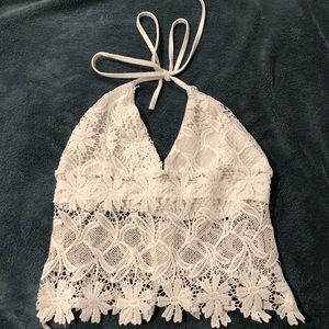 Tie around neck lace crop top